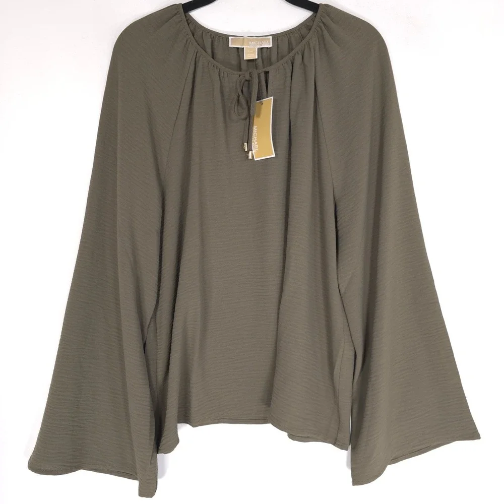 MICHAEL KORS Women's New Top Blouse LARGE Olive Bell Sleeve Casual QS540USDQ0